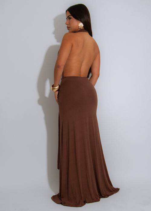 Sienna Drape Ruched Maxi Dress Brown