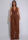 Bare Intentions Ruched Linen Jumpsuit Brown