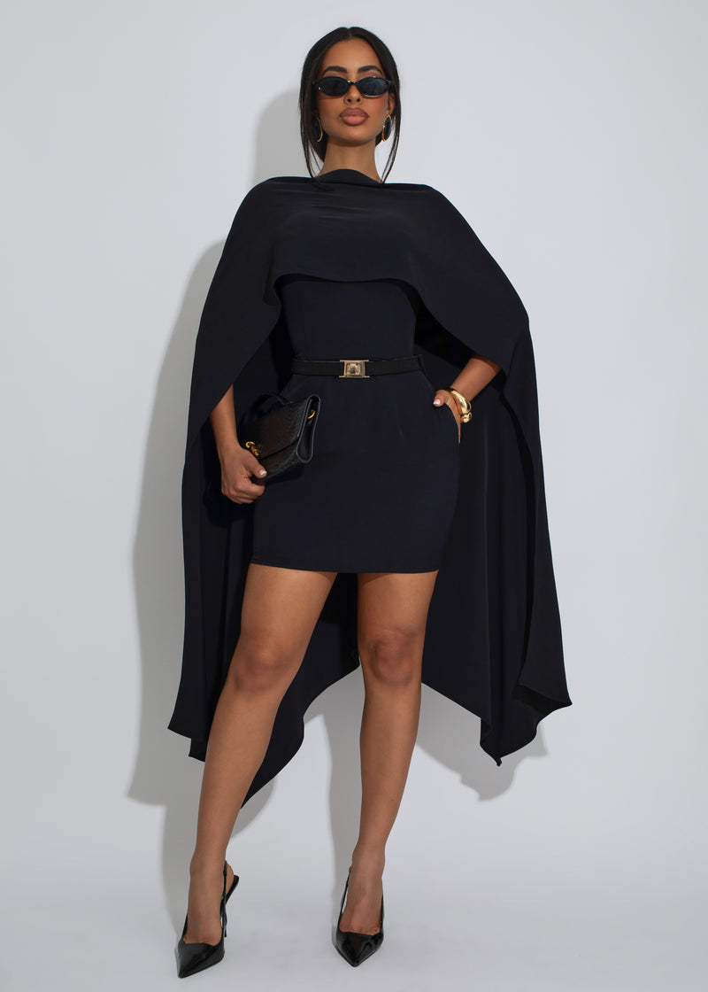 Structured Veil Cape Mini Dress Black
