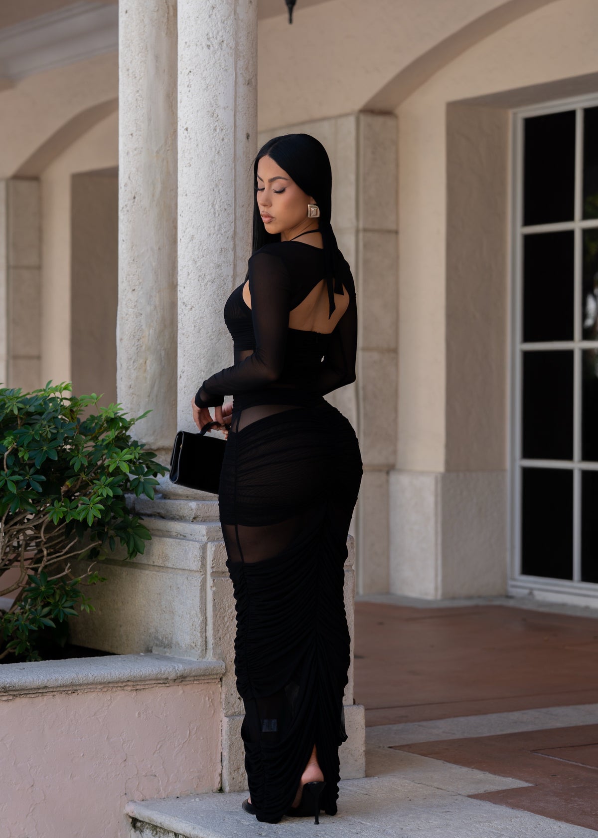 No Reservations Ruched Mesh Maxi Dress Black