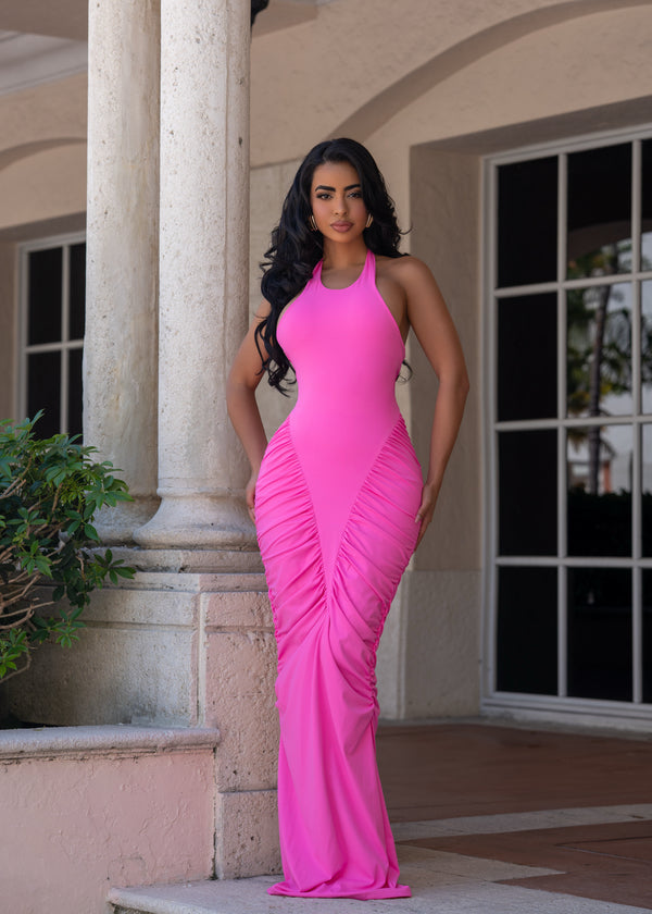 Pure Dominion Ruched Maxi Dress Pink