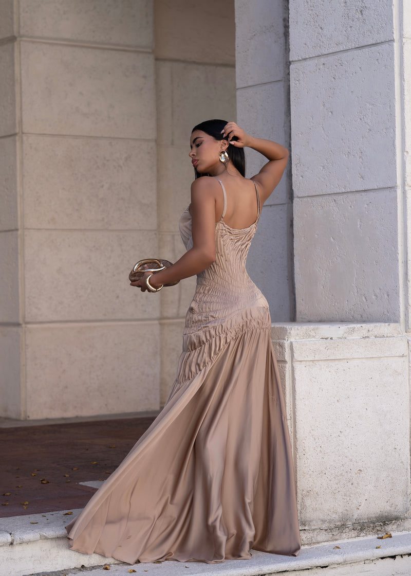 Hidden Flame Ruched Satin Maxi Dress Gold