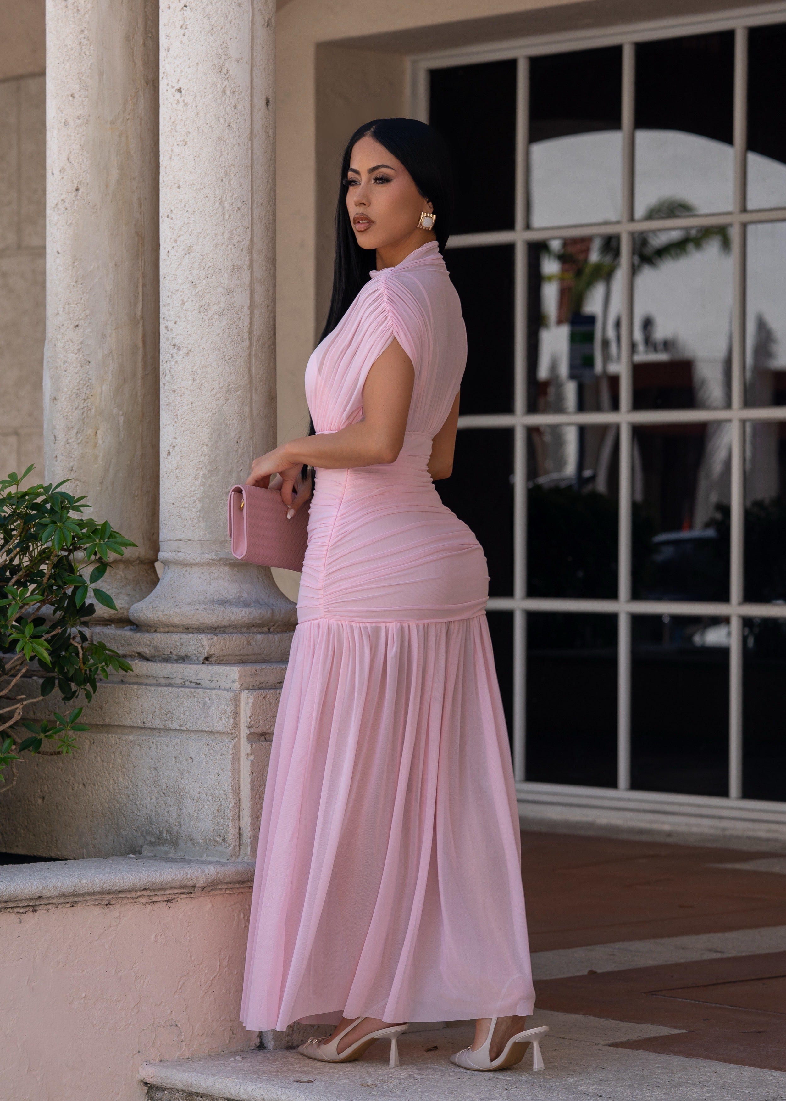 Pretty In Paradise Ruched Mesh Maxi Dress Pink