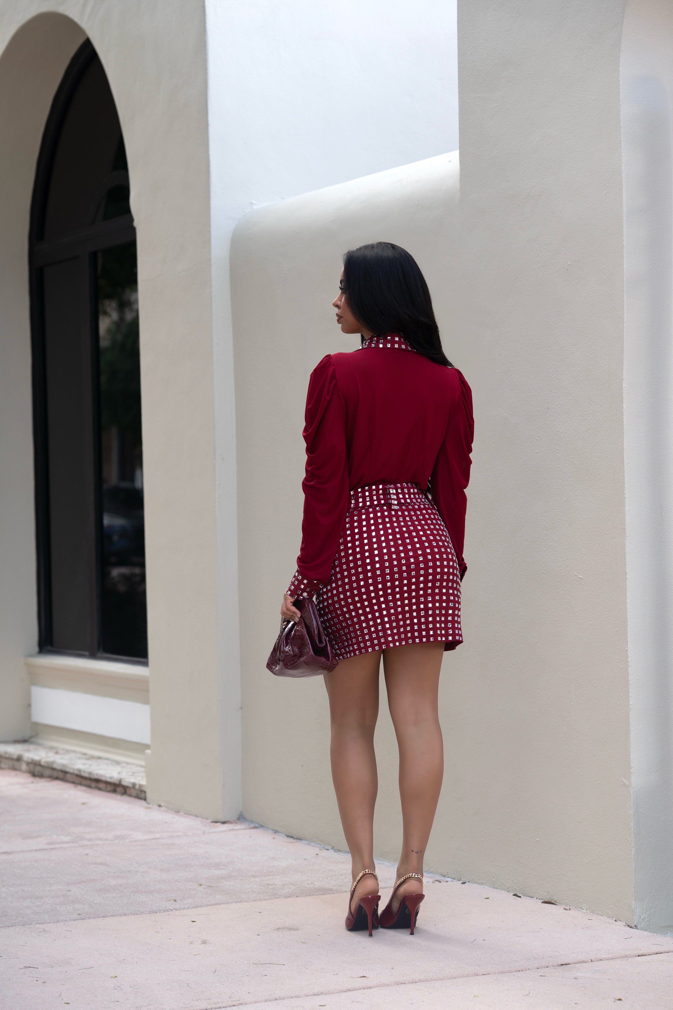 Soft Threat Rhinestone Mesh Skirt Set Red