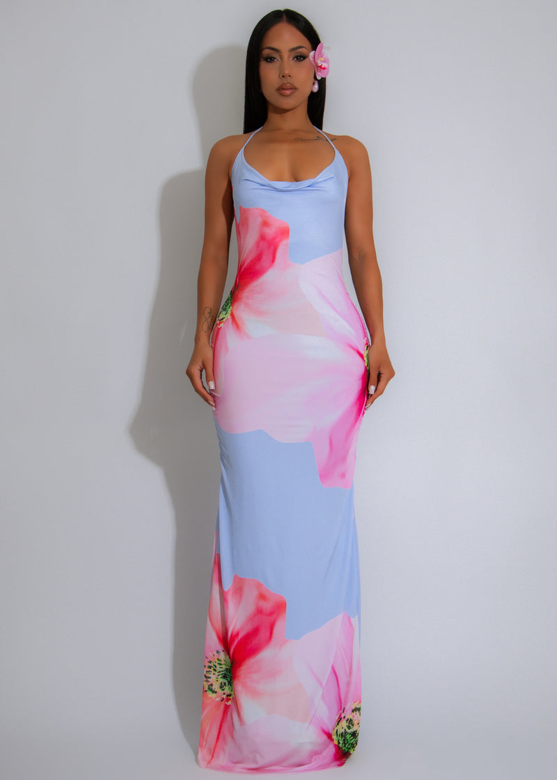 Garden Haze Floral Maxi Dress Blue
