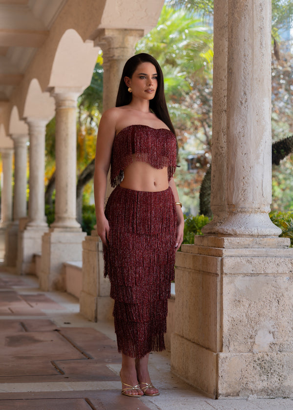 Cool Breeze Fringe Skirt Set Red