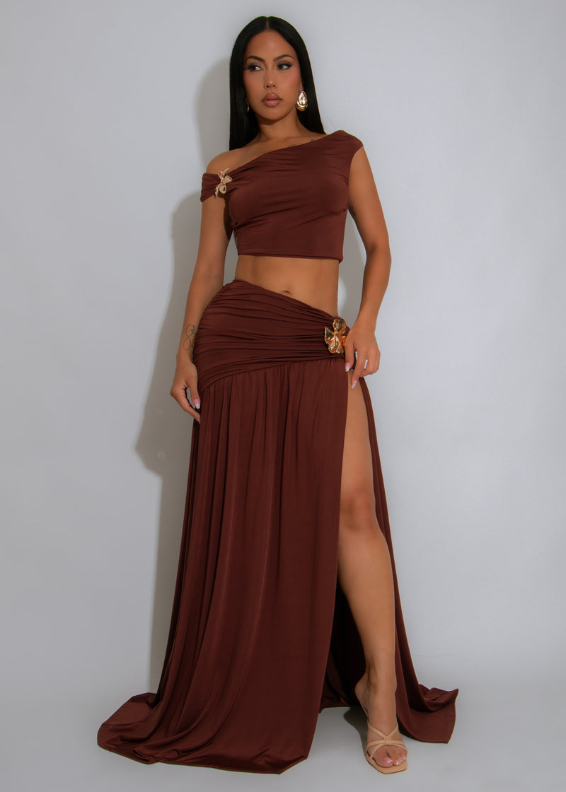 Opulence Bloom Ruched Skirt Set Brown
