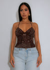 Moonlit Bloom Floral Sequin Crop Top Brown