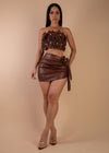 Floral Frenzy Faux Leather Rhinestones Skirt Set Brown