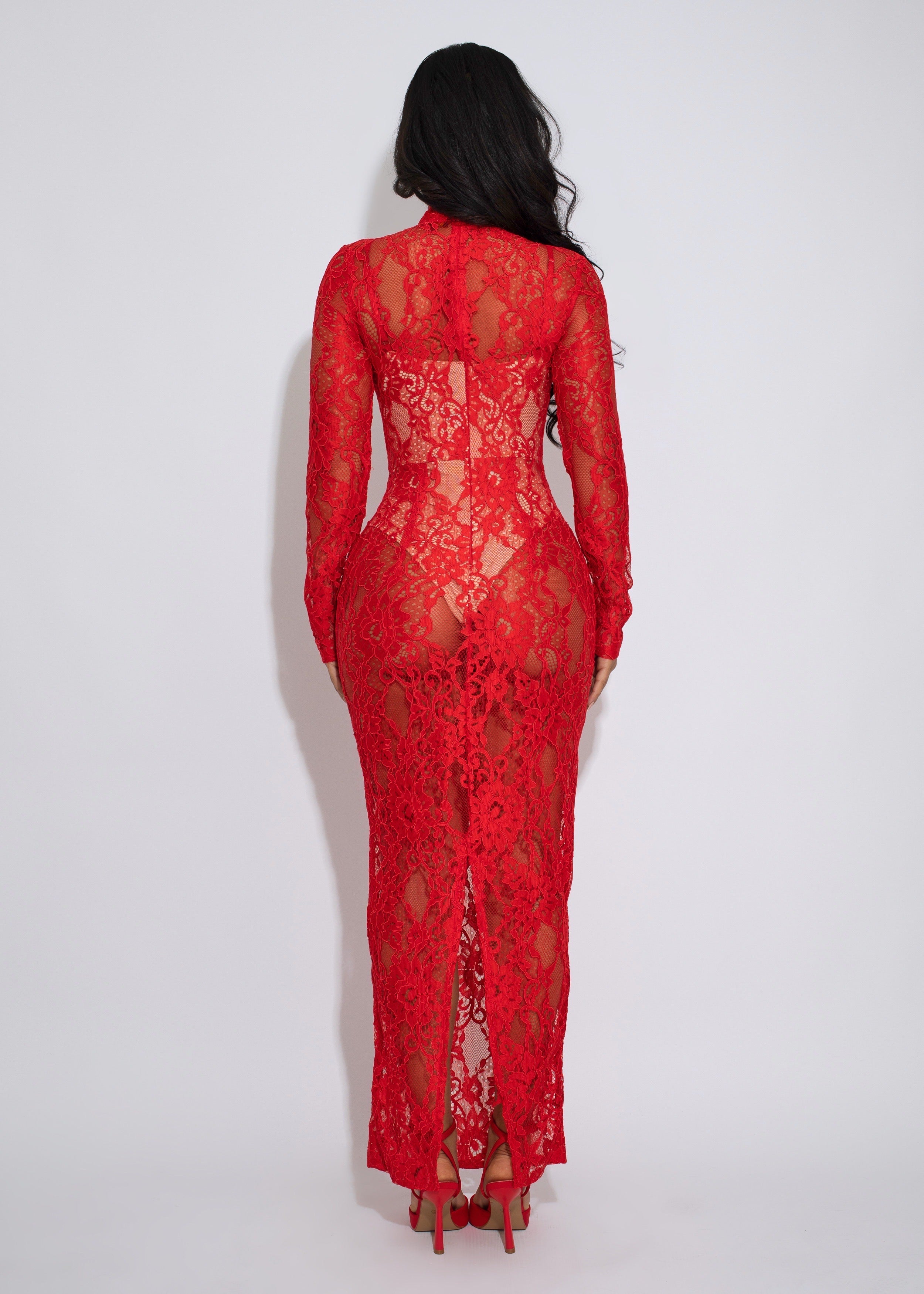 Forbidden Fantasy Floral Lace Maxi Dress Red