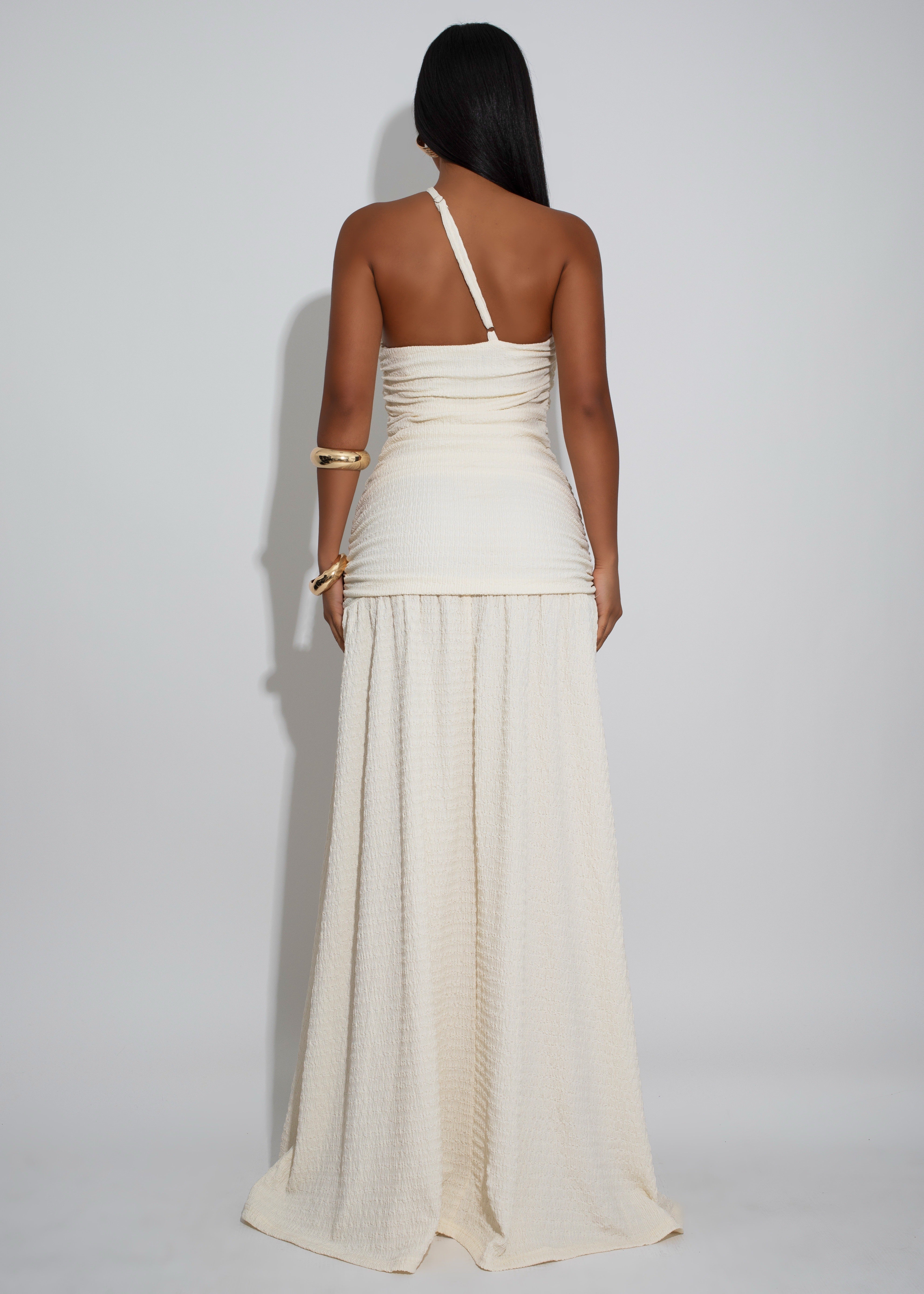 Sculpted Serenity Ruched Maxi Dress Nude