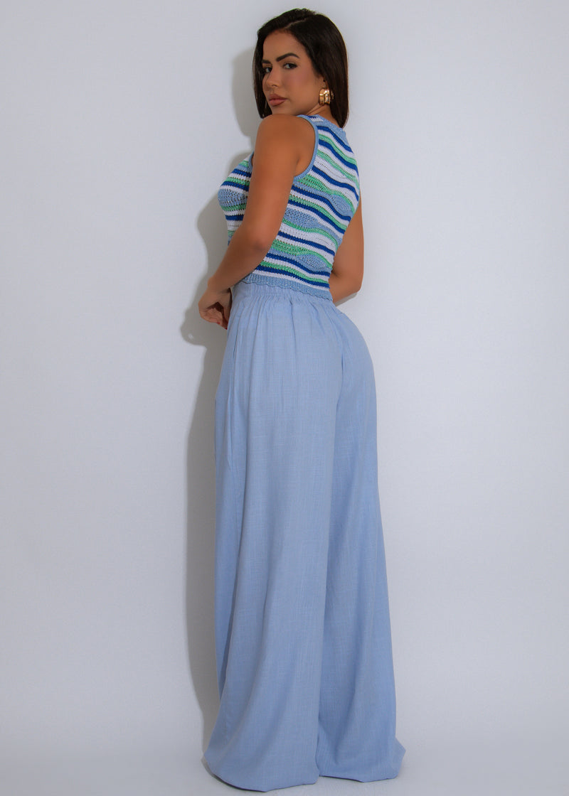Coastal Groove Linen Knit Pant Set Blue