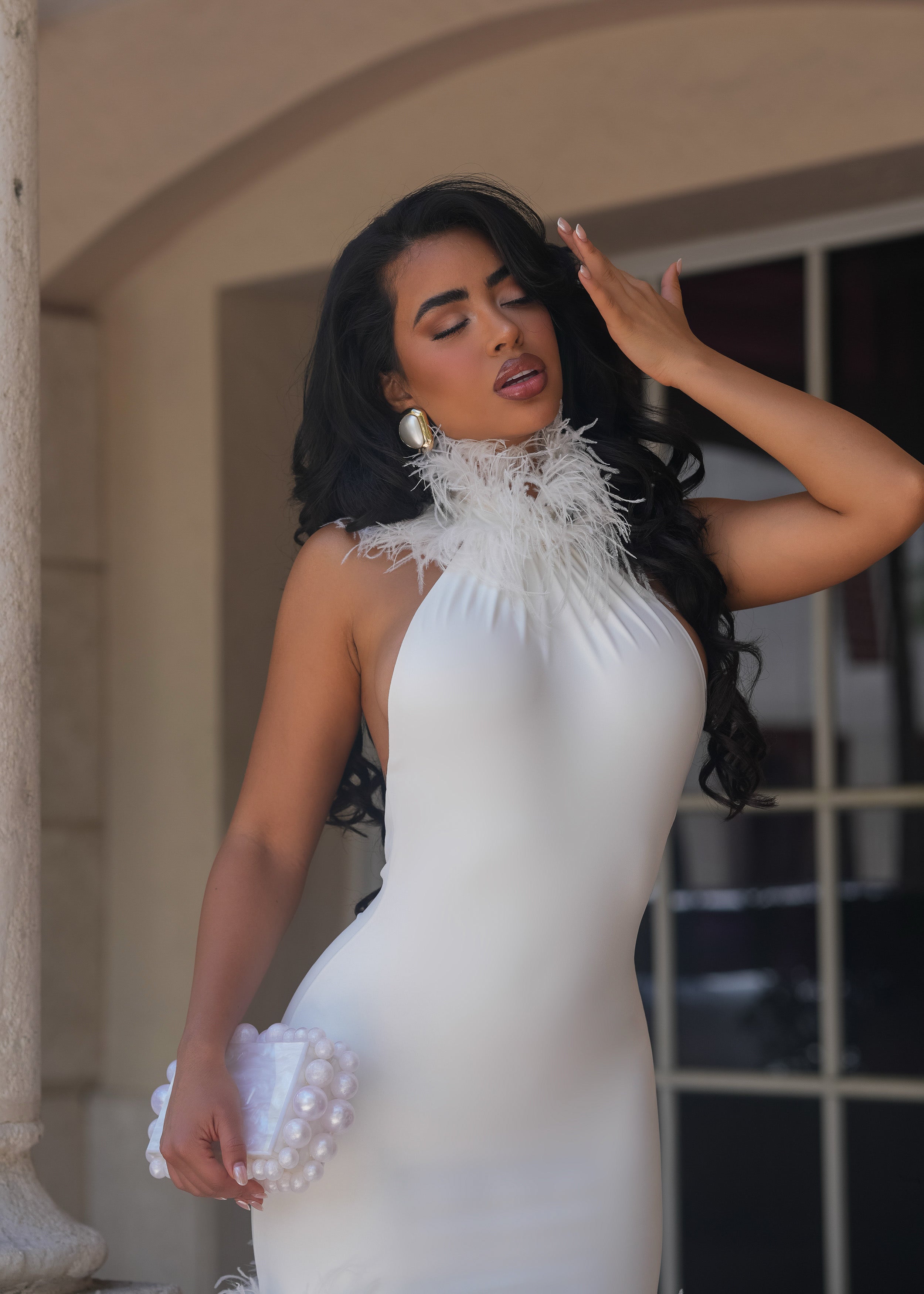 Private Desire Feather Trim Mini Dress White