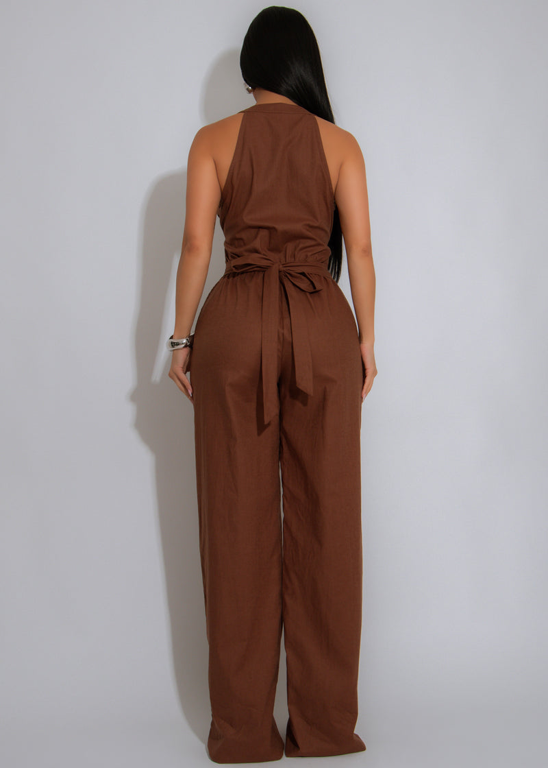 Bare Intentions Ruched Linen Jumpsuit Brown