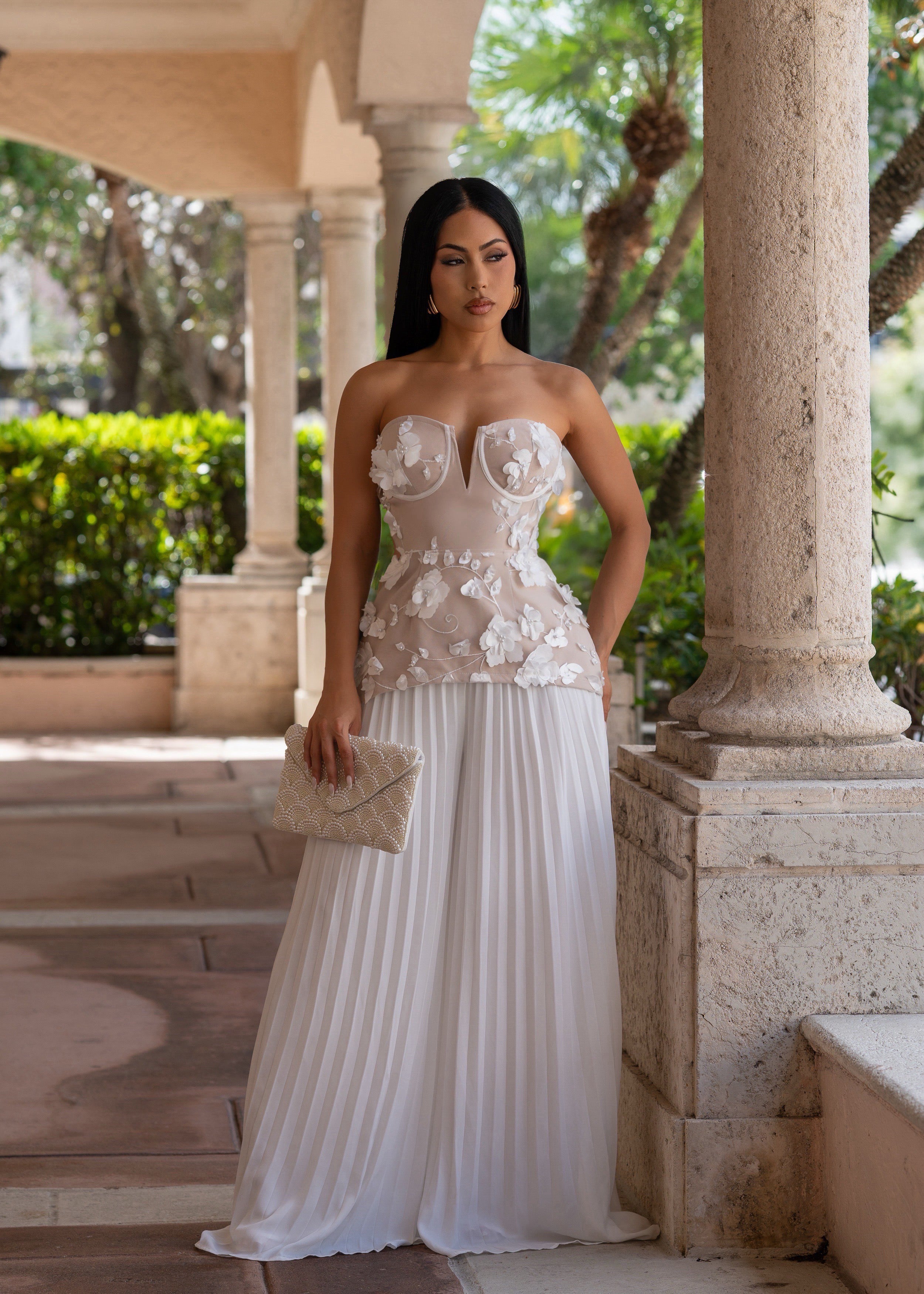 Petal Whispers Floral Pearls Pant Set White