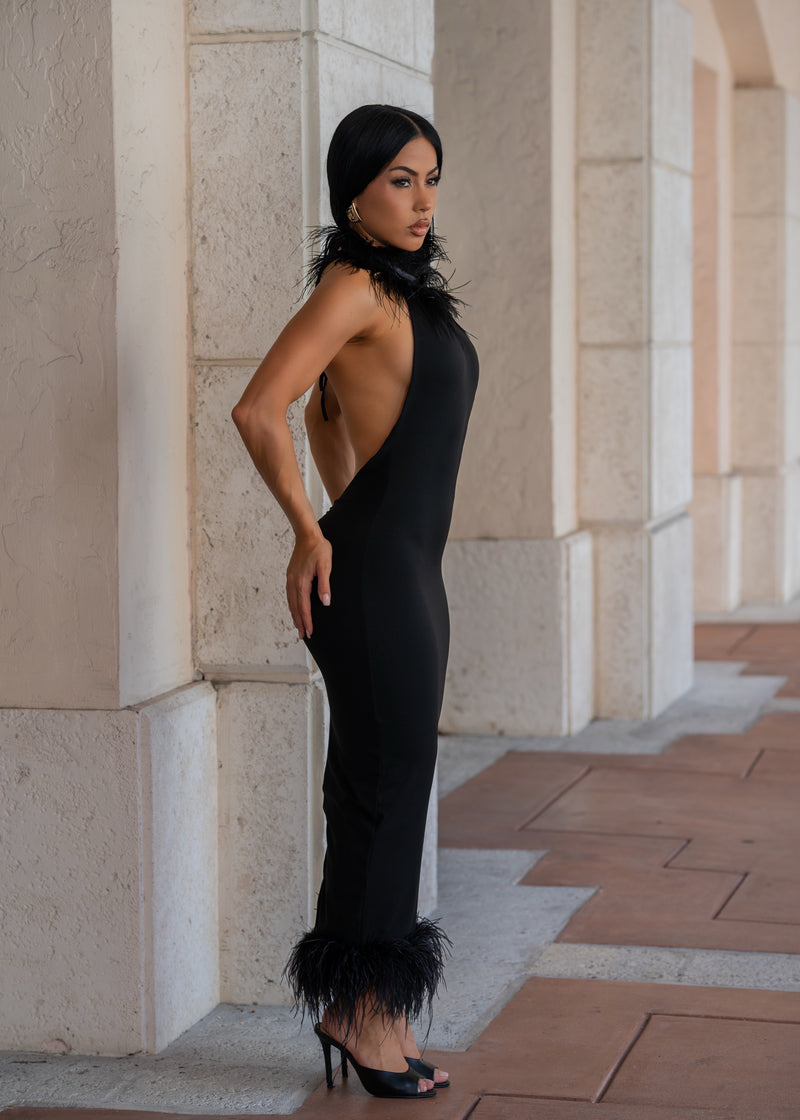 Private Desire Feather Trim Midi Dress Black