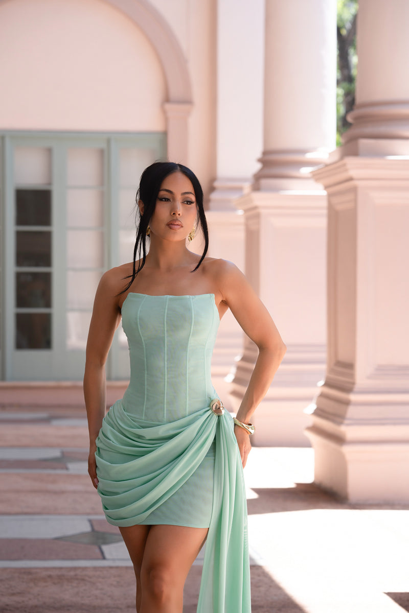 Divine Desire Ruched Mesh Mini Dress Green