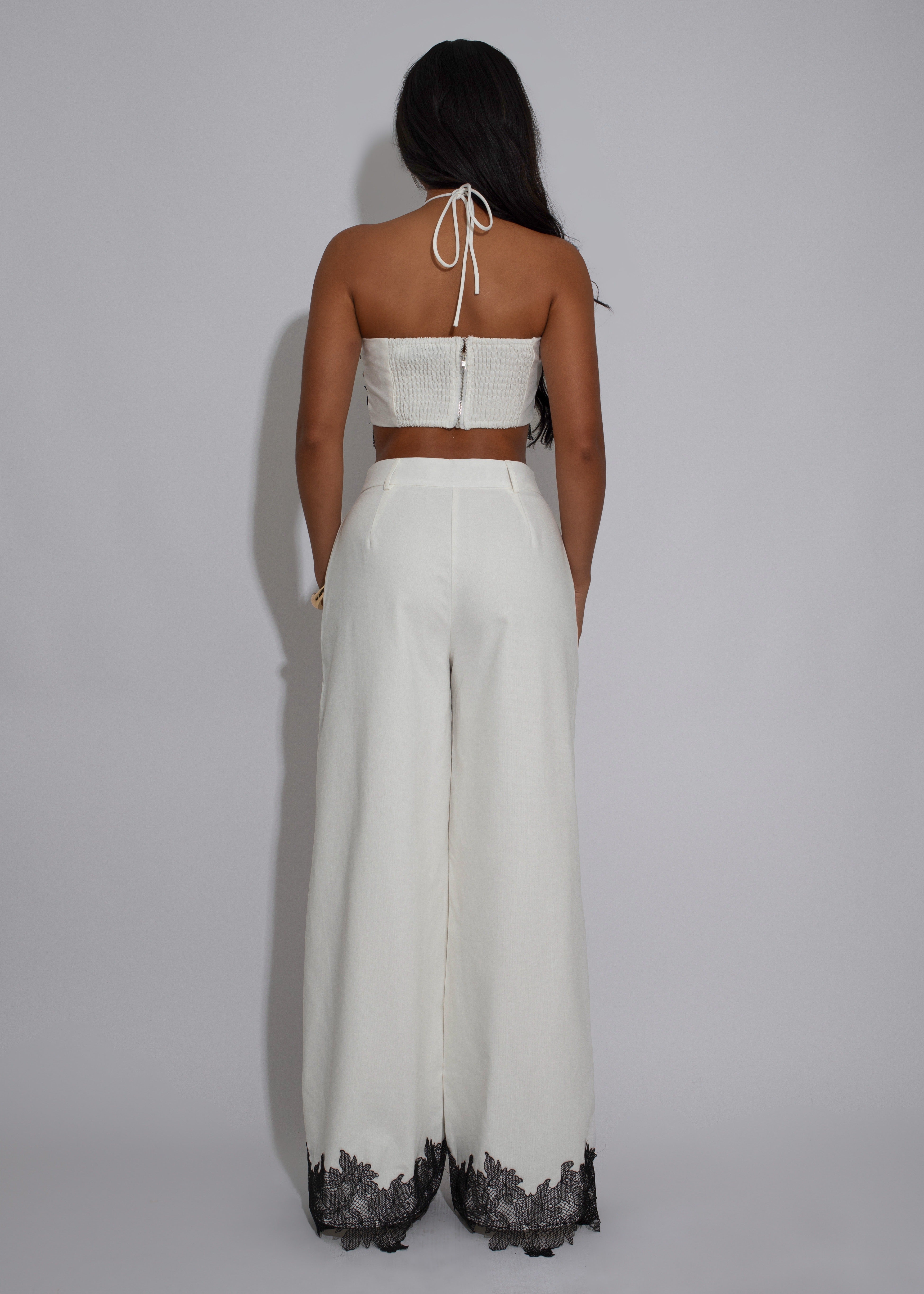 Femme Script Linen Lace Pant Set White