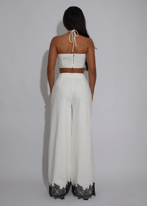 Femme Script Linen Lace Pant Set White