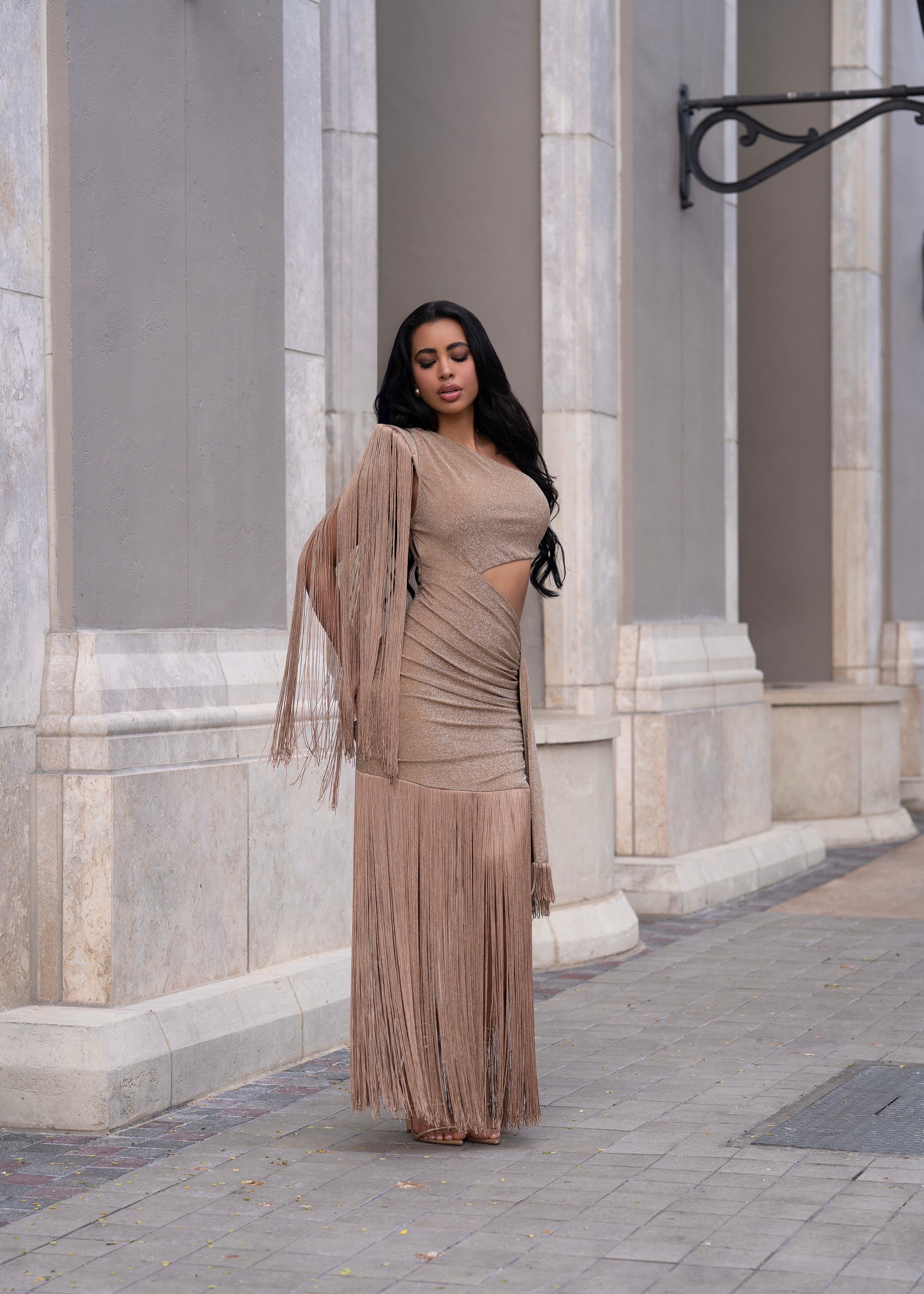 Can't Look Back Fringes Maxi Dress Gold