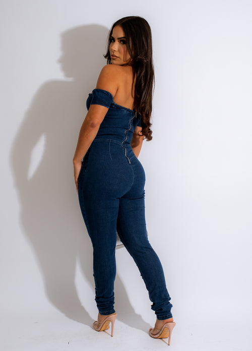 Fashionable and trendy denim jumpsuit with a flattering silhouette and adjustable straps