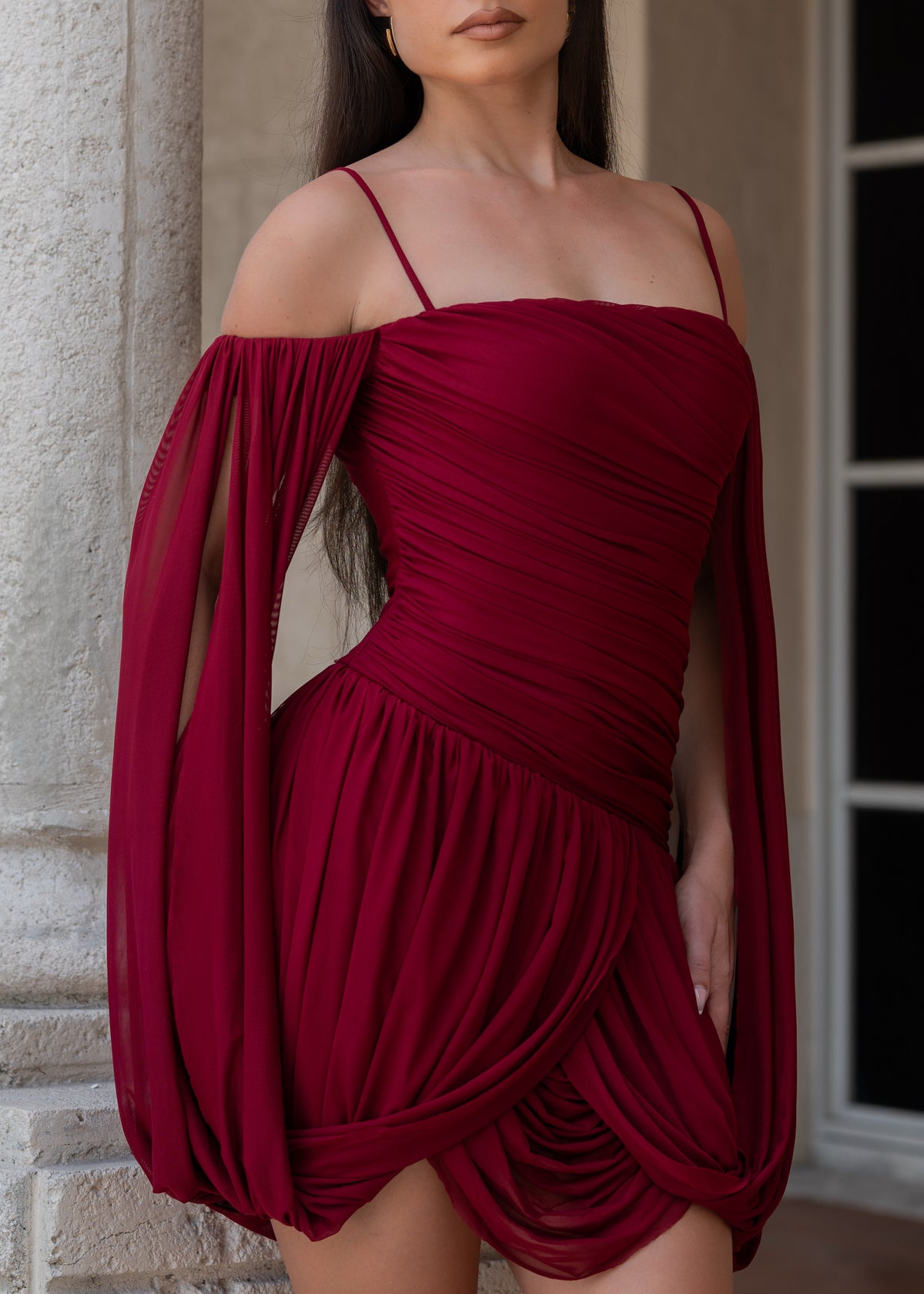All Eyes On Her Draped Mesh Ruched Mini Dress Red