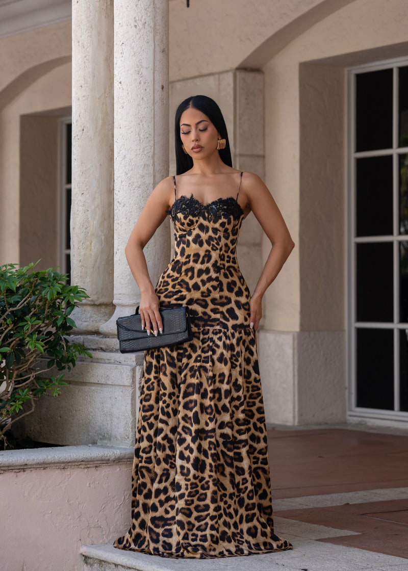 Instinctive Muse Leopard Sequin Maxi Dress Brown