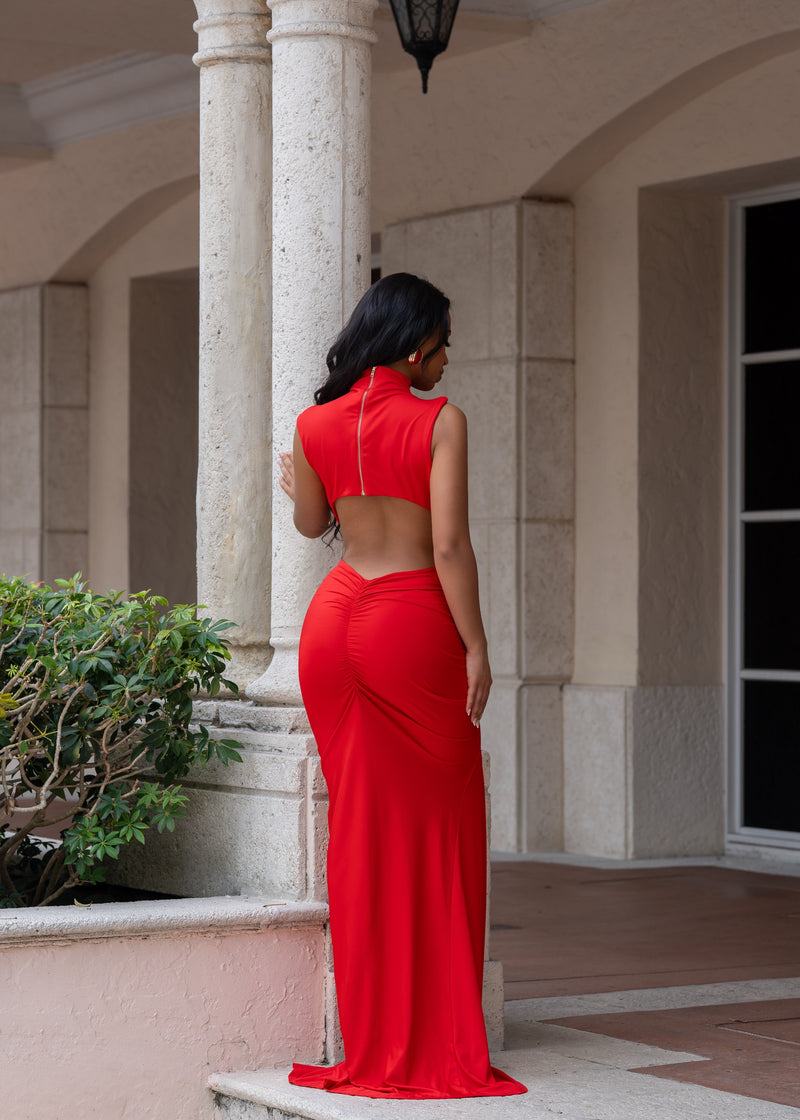Midnight Trace Ruched Maxi Dress Red