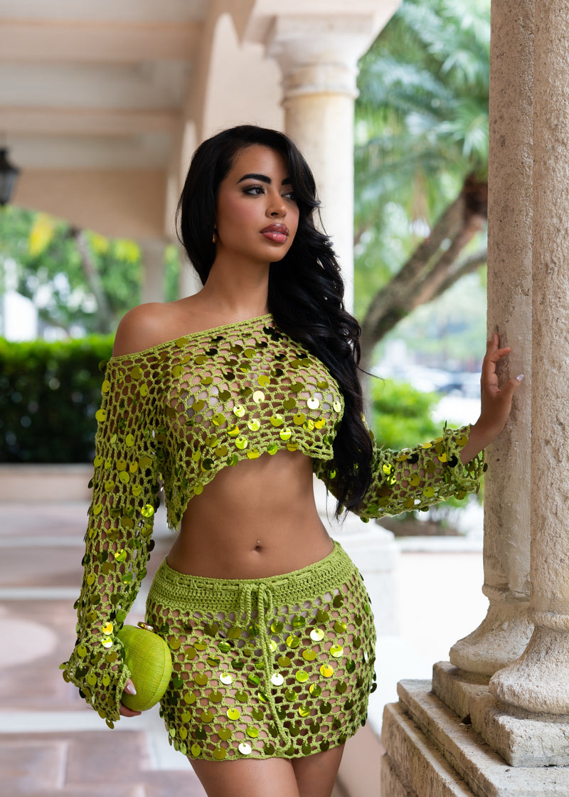 Sequin Spellbound Crochet Skirt Set Green