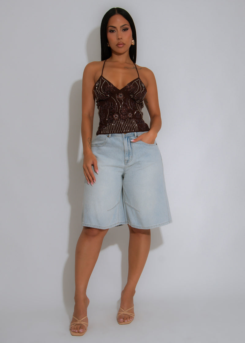 Moonlit Bloom Floral Sequin Crop Top Brown