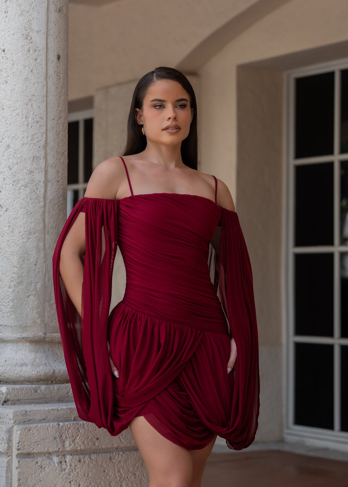 All Eyes On Her Draped Mesh Ruched Mini Dress Red