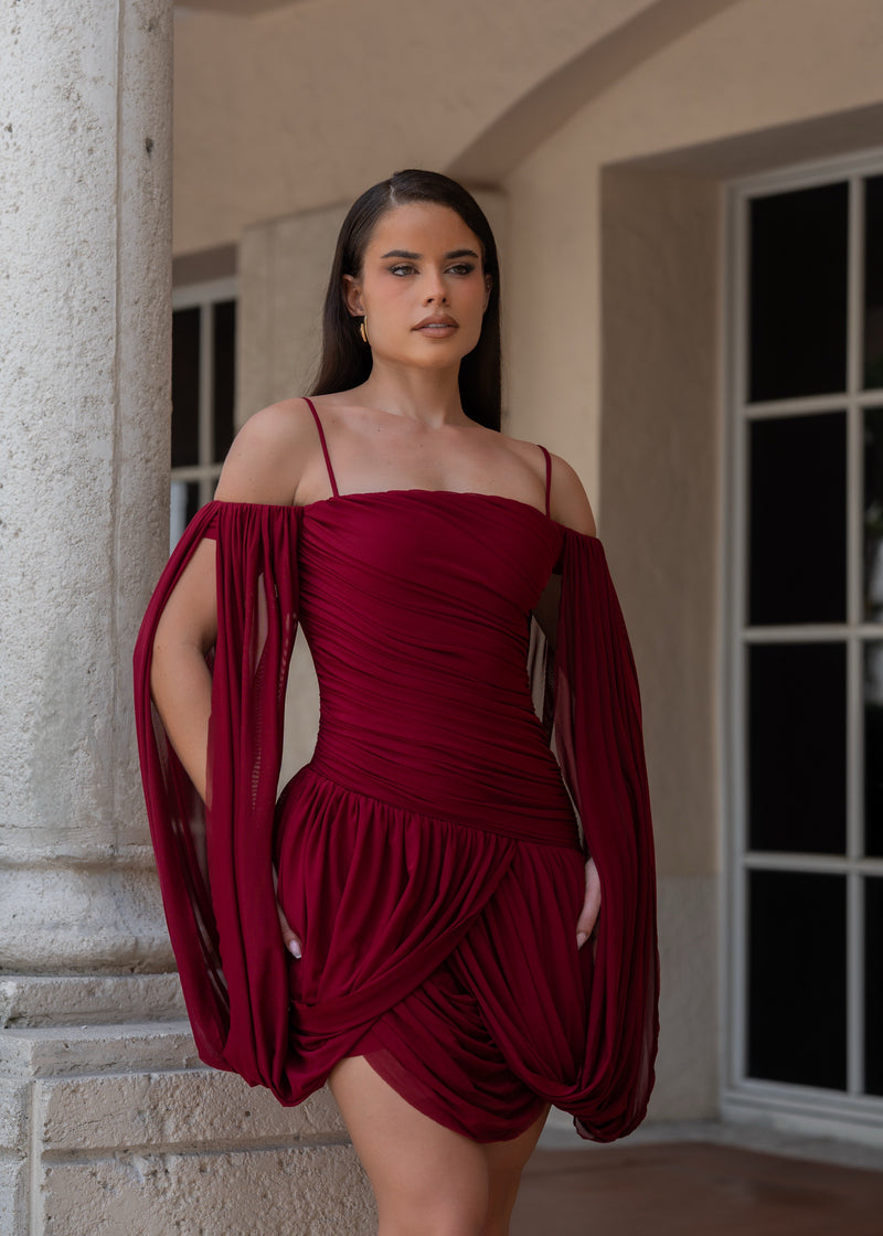 All Eyes On Her Draped Mesh Ruched Mini Dress Red