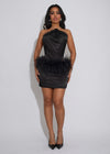 Moonlit Reverie Satin Rhinestone Mini Dress Black