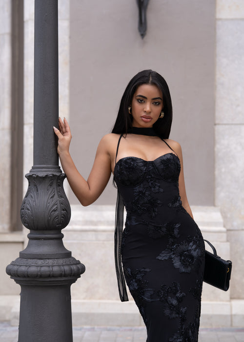 Noir Garden Mesh Floral Maxi Dress Black