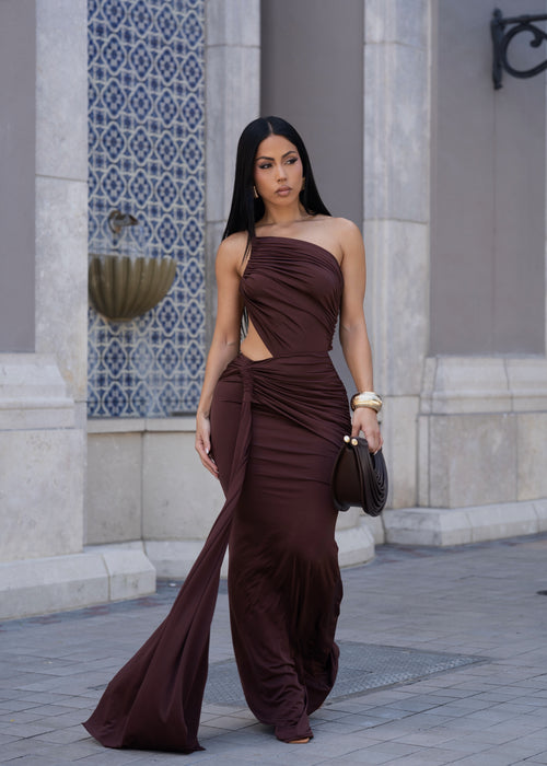 Glow Motion Ruched Maxi Dress Brown