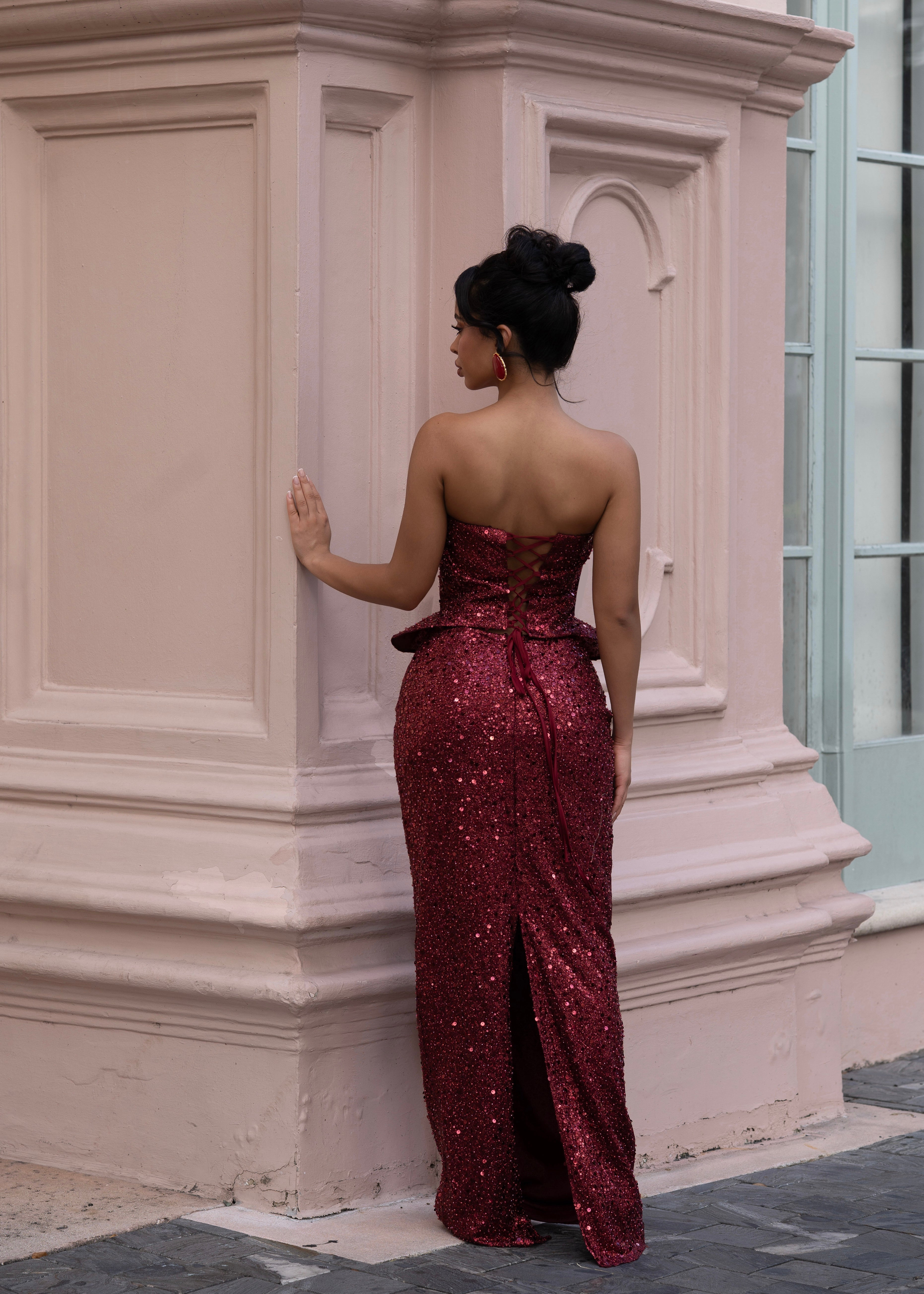 Dreamline Gleam Sequin Pearl Skirt Set Red