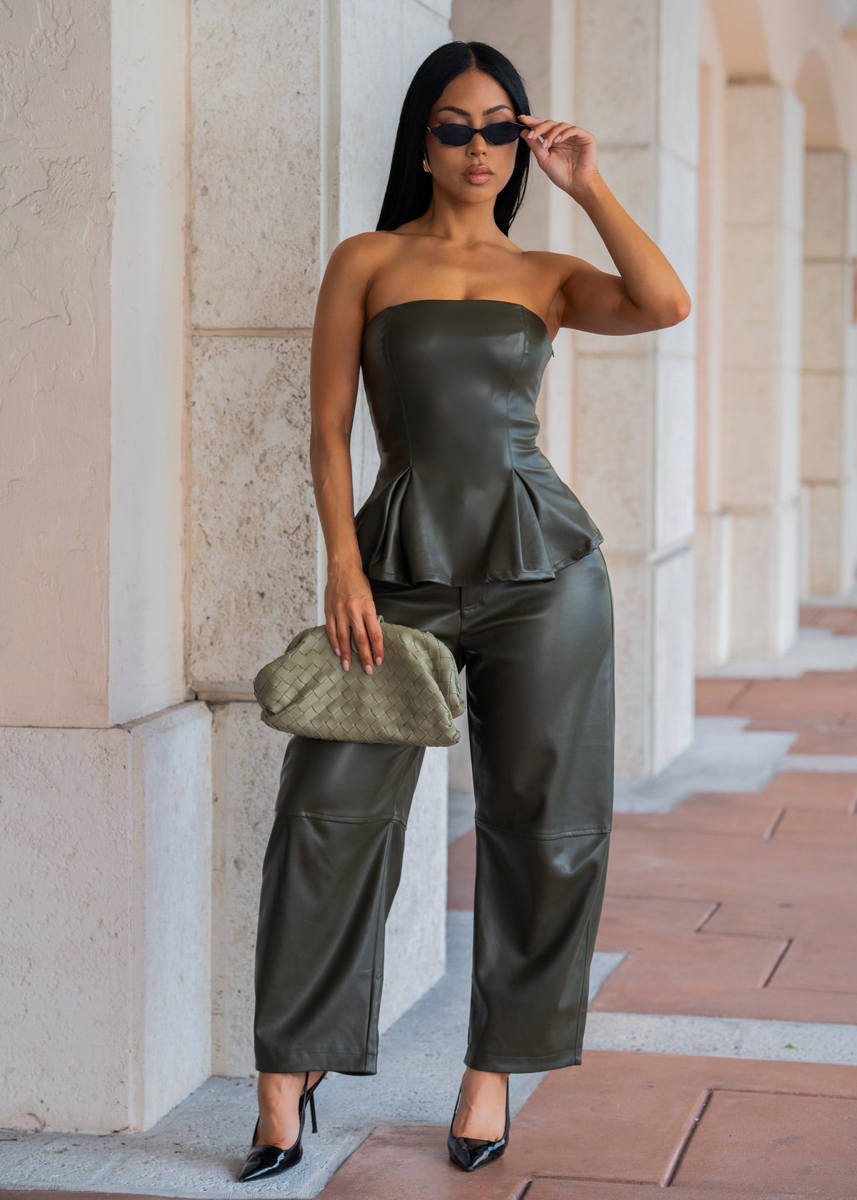 Up and About Leather Peplum Pant Set Green