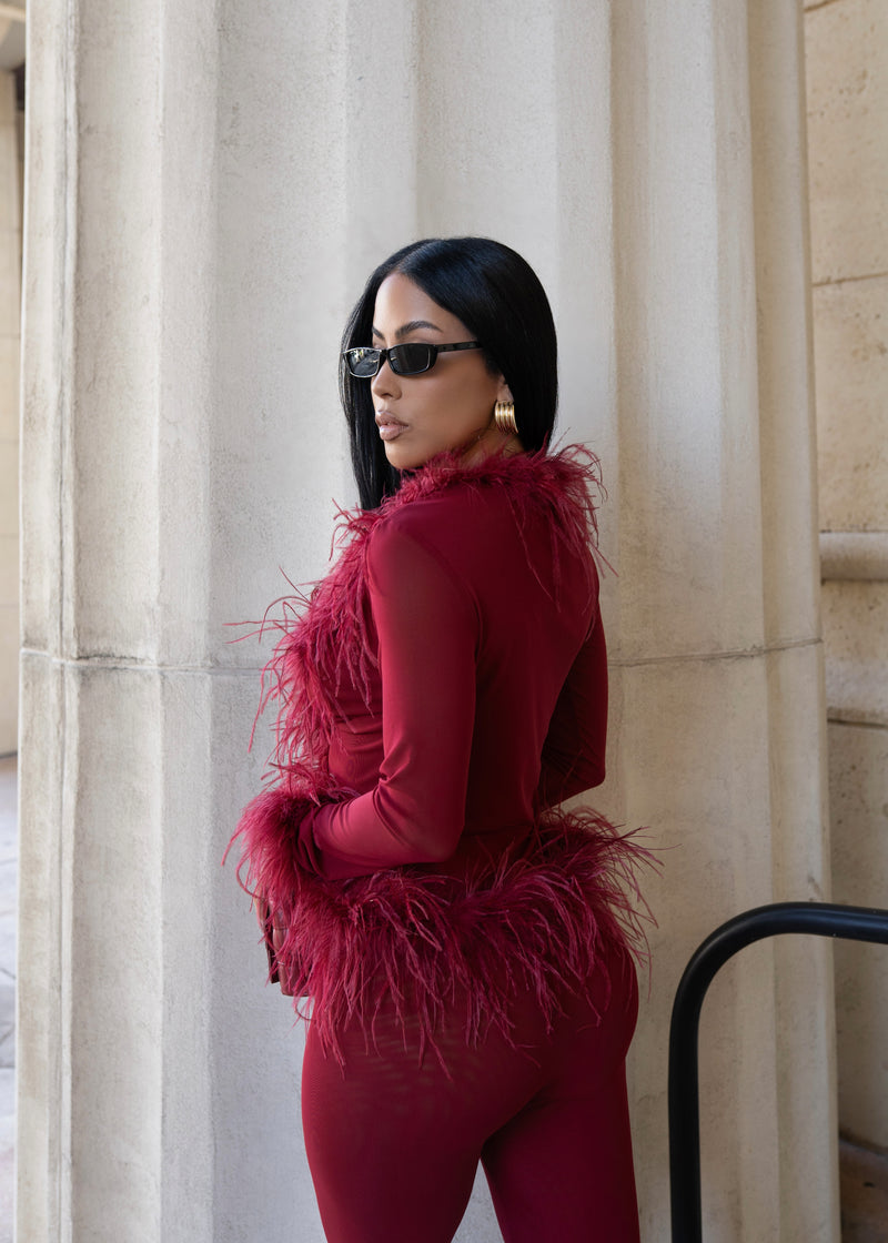 Midnight Impulse Feather Mesh Pant Set Red *PRE ORDER*