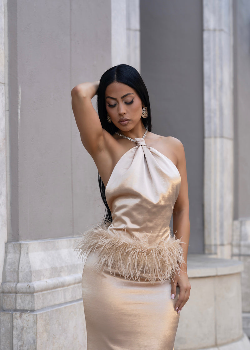 Moonlit Reverie Satin Rhinestone Maxi Dress Gold