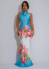 Blooming Elegance Halter Satin Floral Maxi Dress Blue