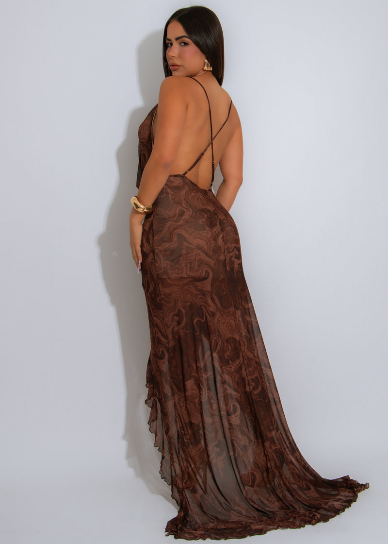 Molten Veil Mesh Maxi Dress Brown