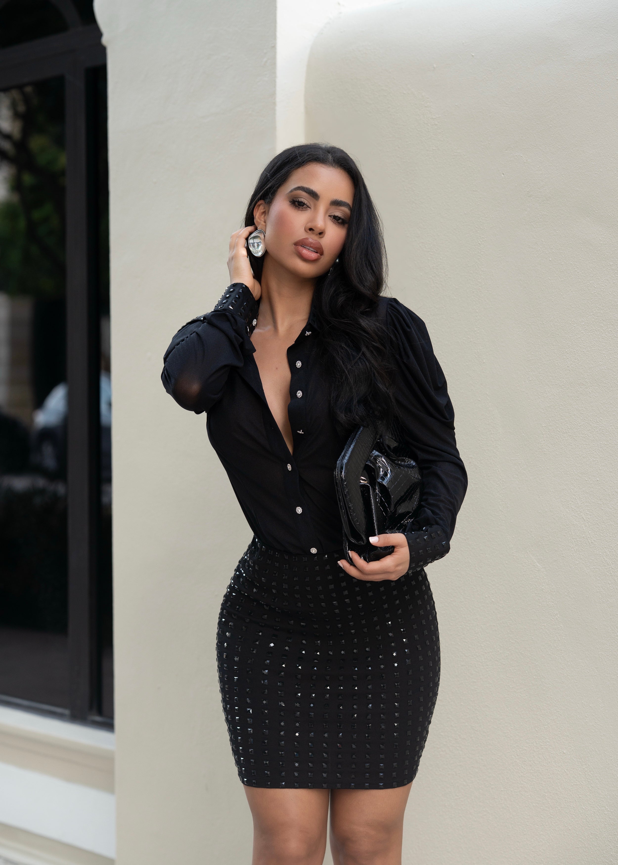 Dark Interval Rhinestone Mesh Skirt Set Black