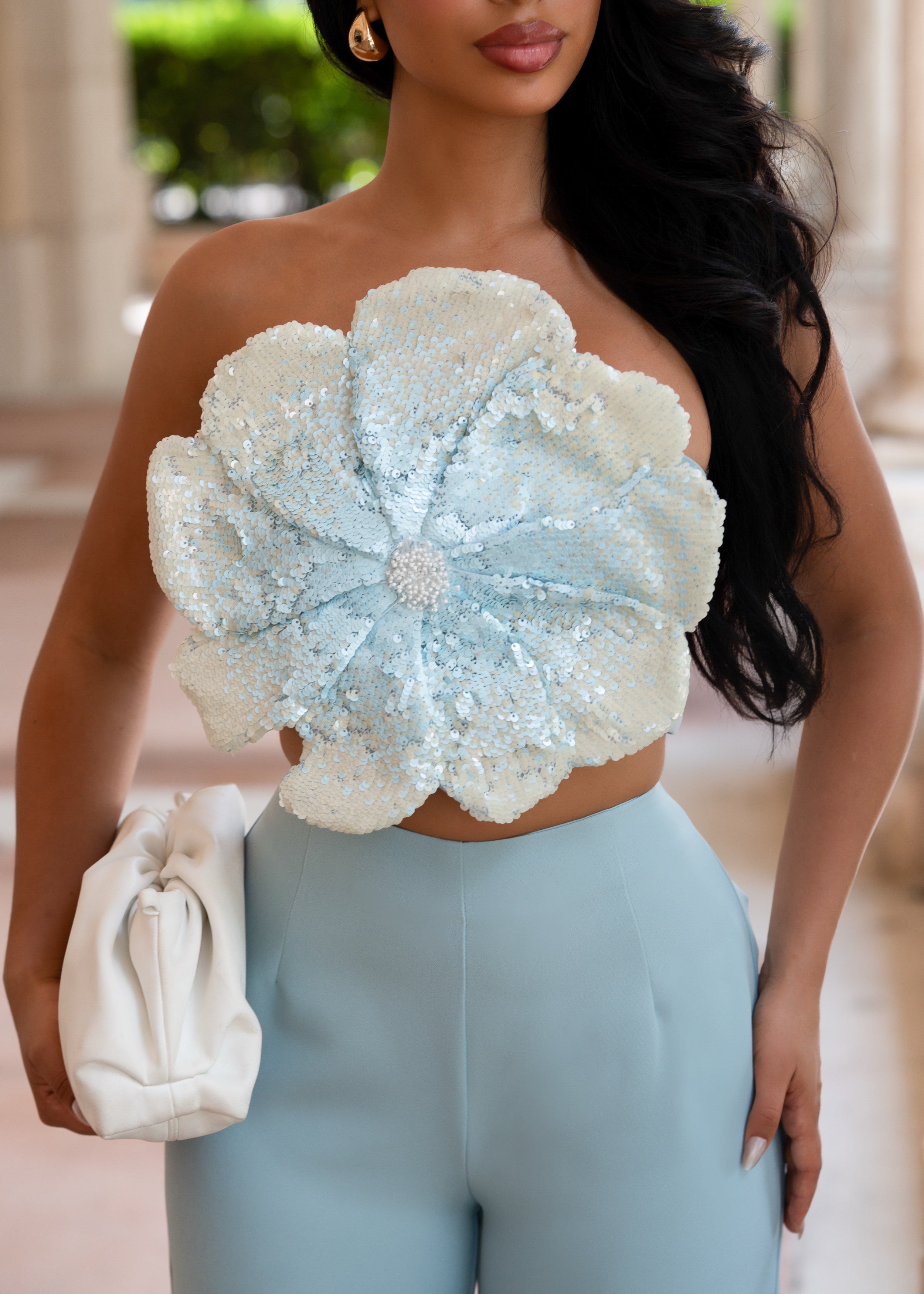 Blooming Ambition Sequin Floral Pant Set Blue