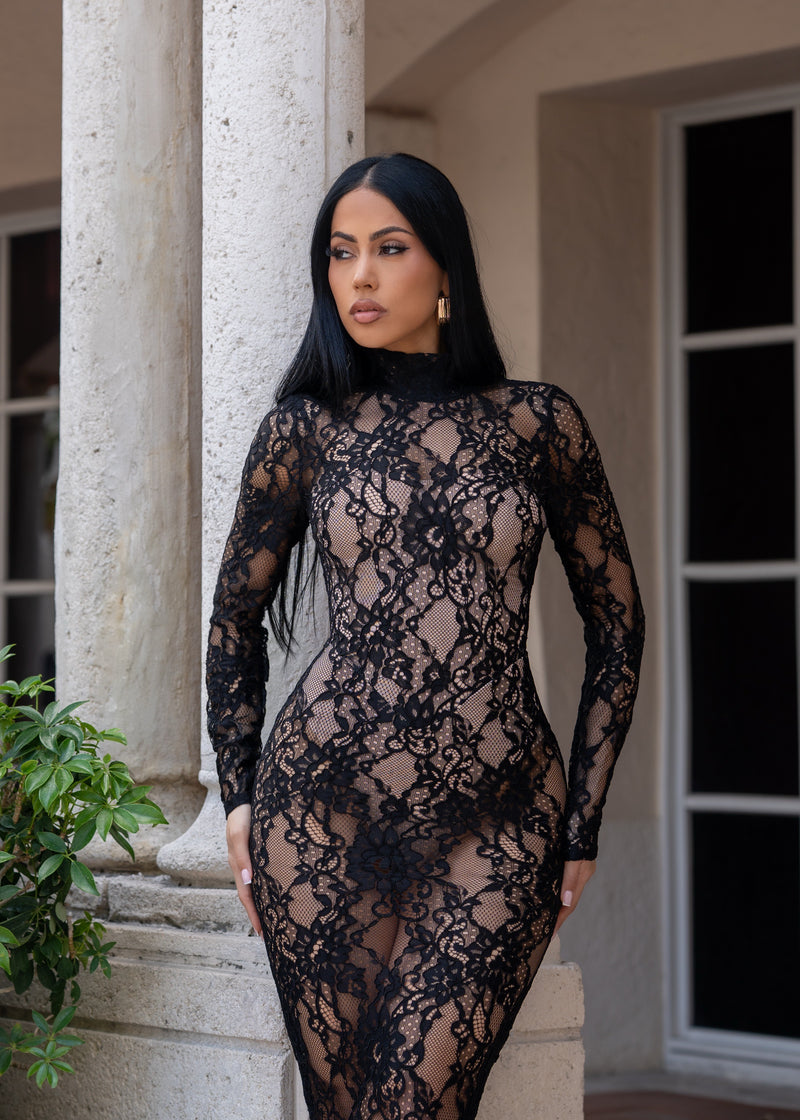 Forbidden Fantasy Floral Lace Maxi Dress Black