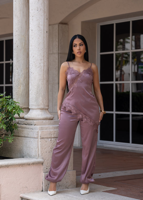 Intimate Lace Satin Obsession Jumpsuit Brown