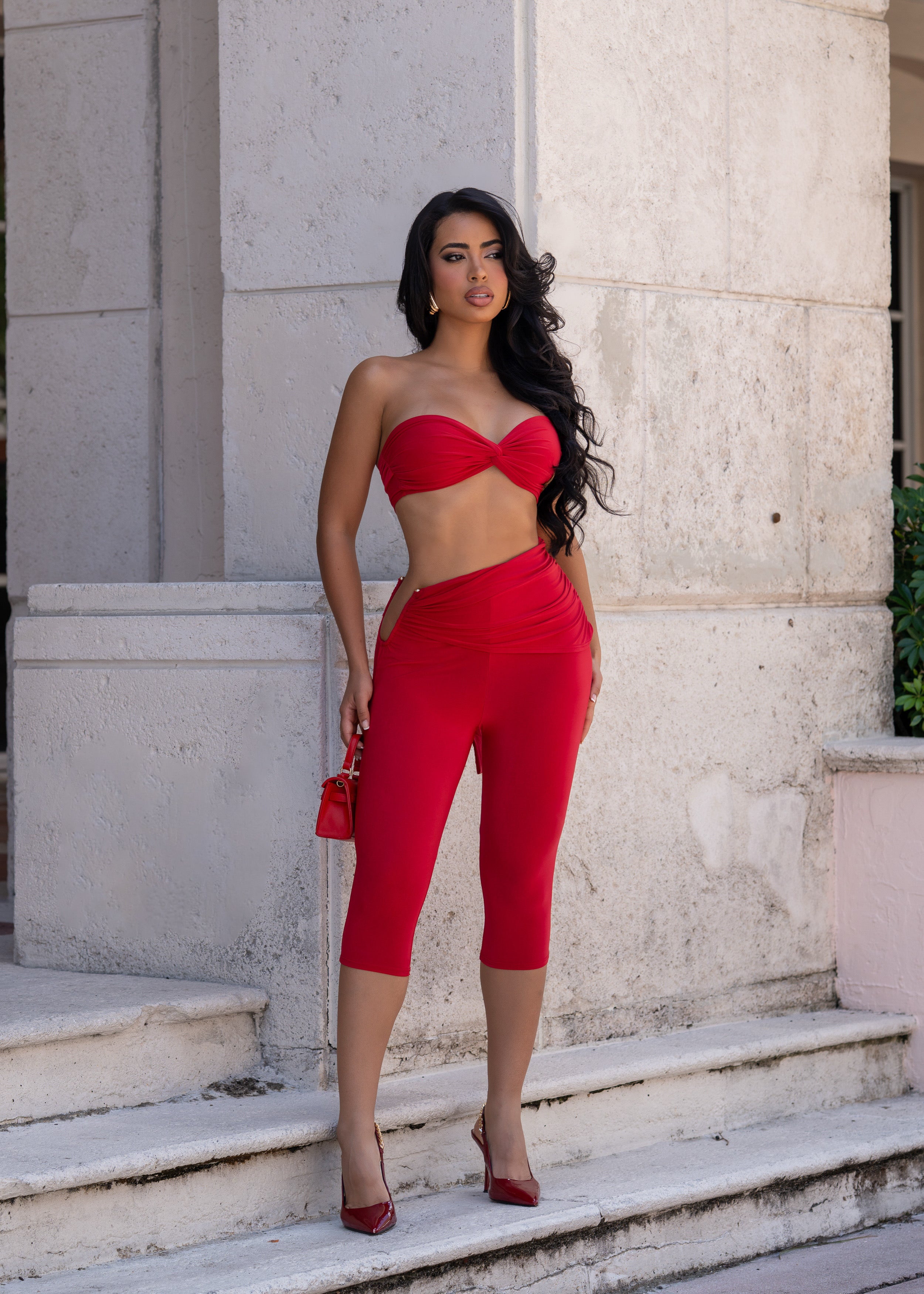 No Matter What Ruched Capri Set Red