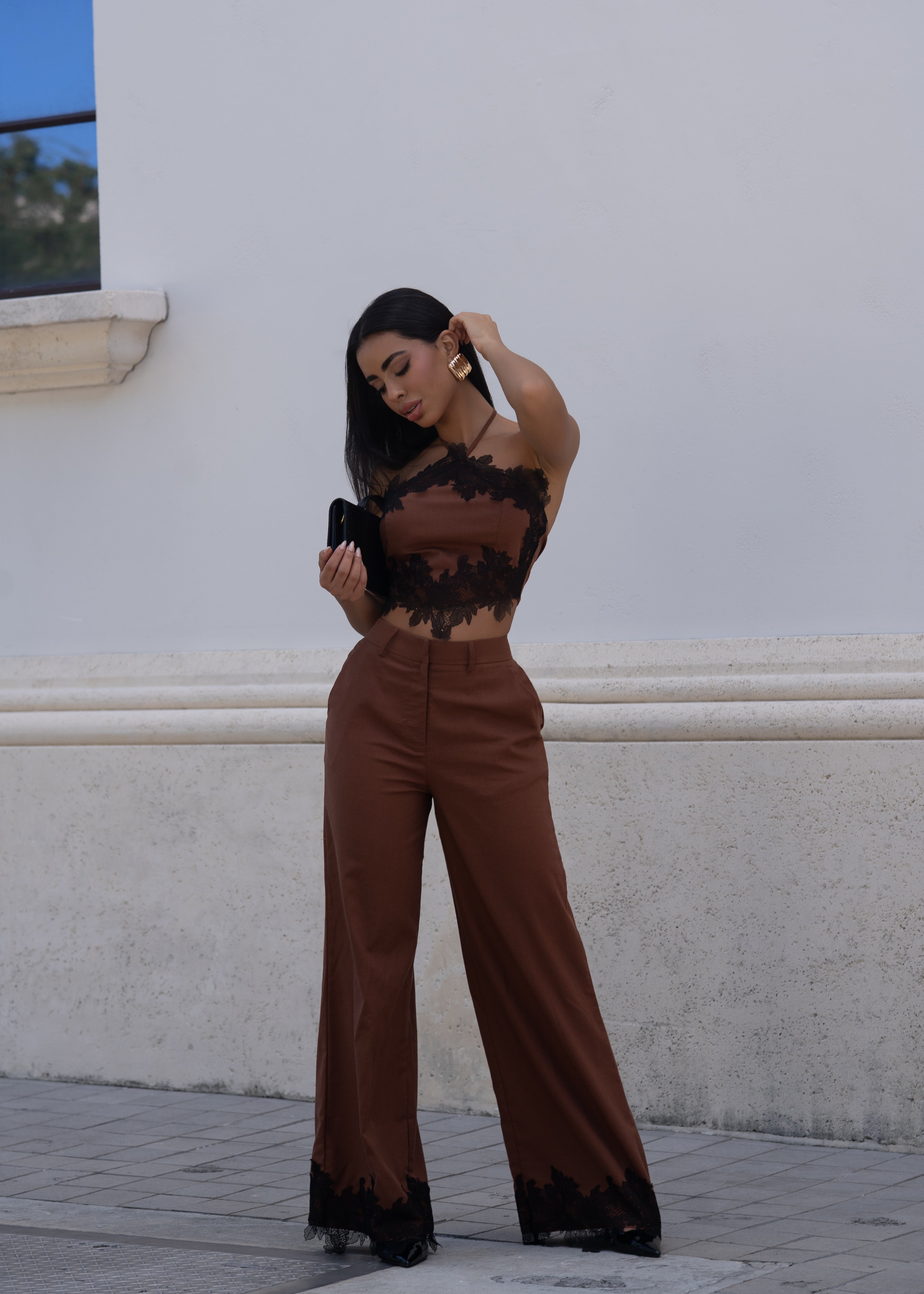 Femme Script Linen Lace Pant Set Brown
