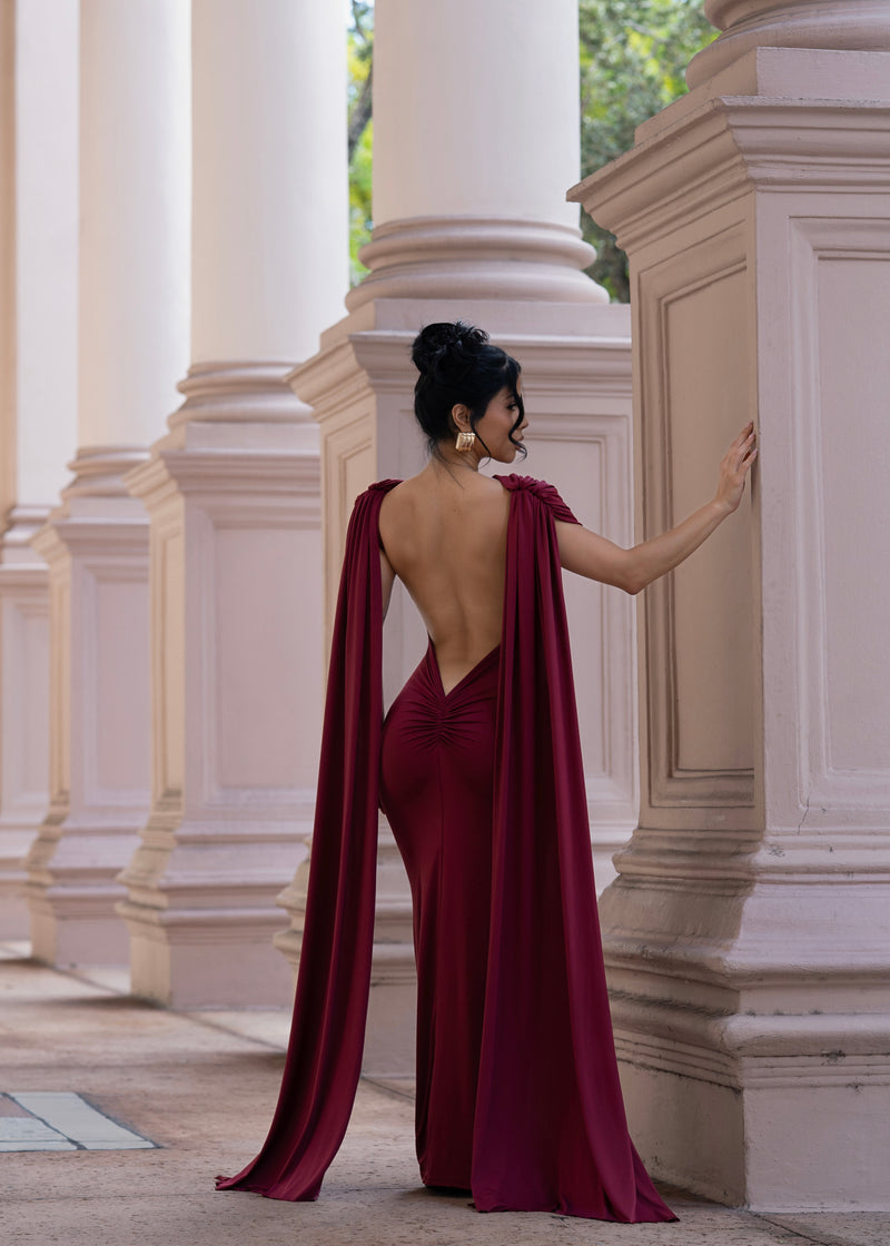 Celestial Reign Ruched Maxi Dress Red