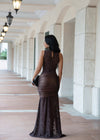 Silhouette Ritual Lace Ruched Maxi Dress Brown