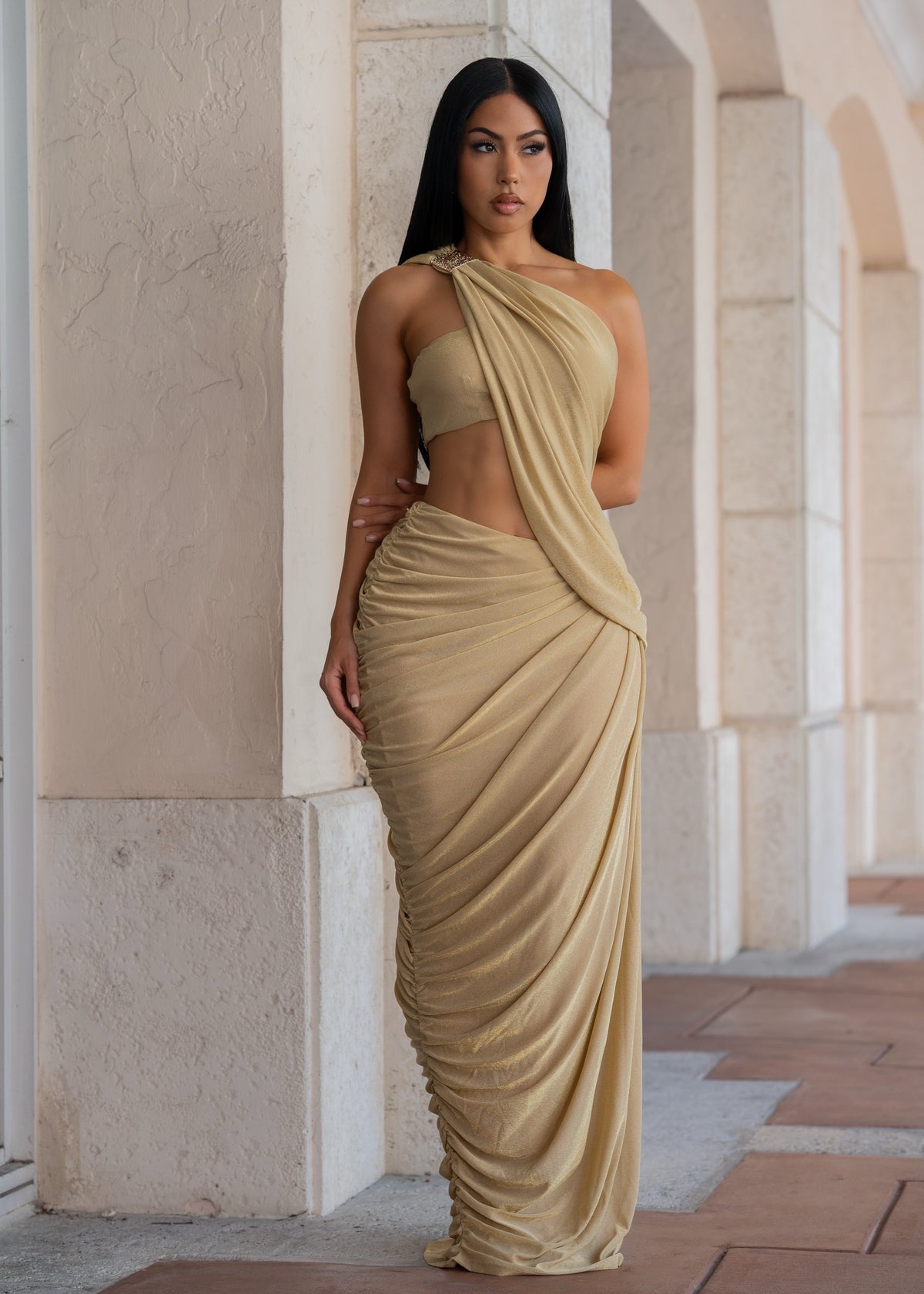 Gilded Hour Draped Ruched Maxi Dress Gold